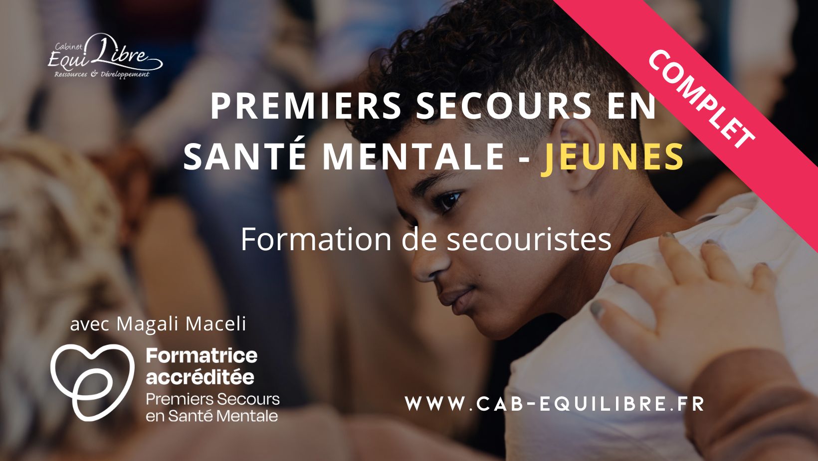 Formation PSSM Jeunes du Cabinet ÉquiLibre – Session complète : un adolescent attentif et semblant en détresse, soutenu par la main d’un adulte, illustrant l’importance du repérage et de l’accompagnement en santé mentale.